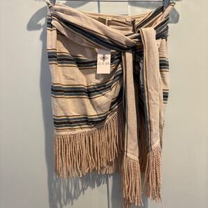 NWT Just Bee Queen Charlie Mini Skirt Large Teal Oatmeal Striped Fringe Wrap USA